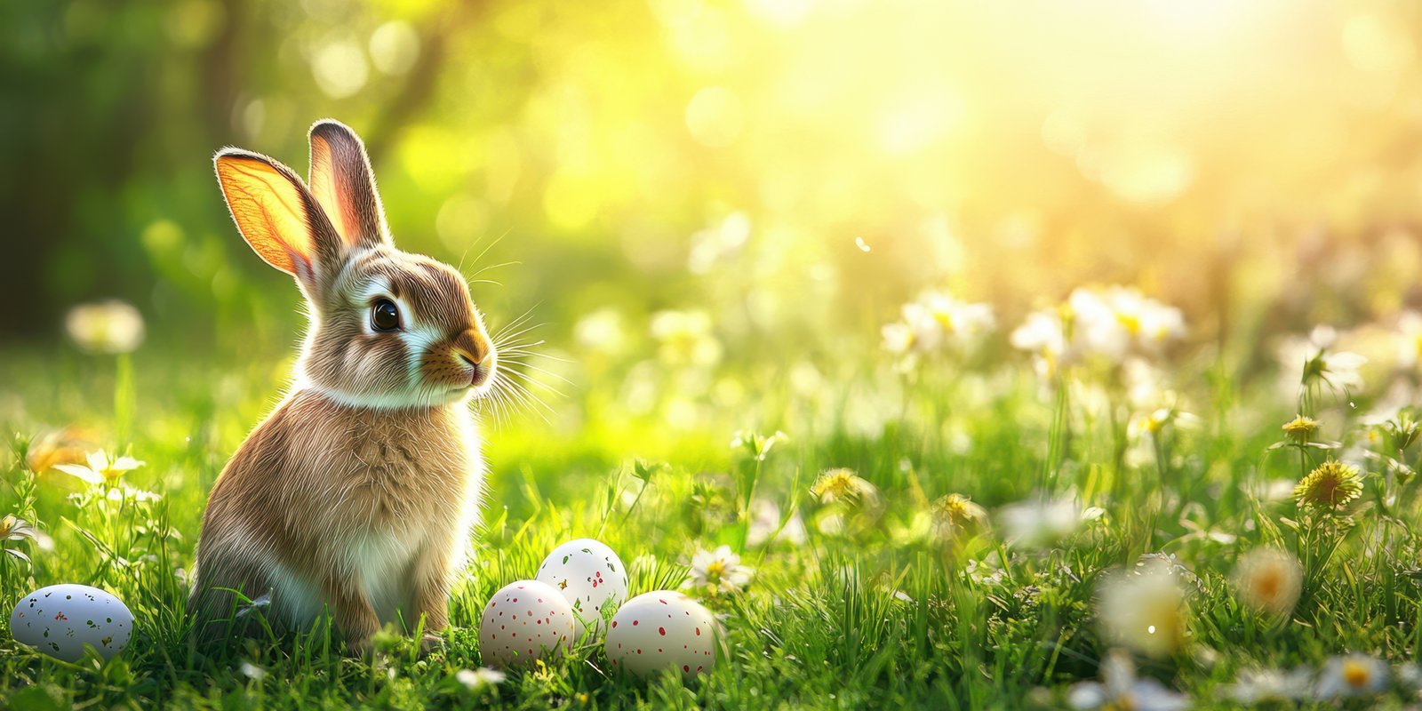 Cute rabbit sitting in a garden surrounded by colorful eggs during a sunny spring day